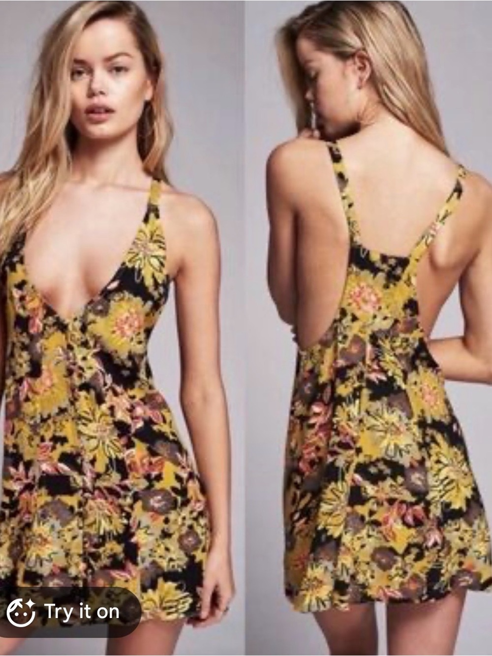 Free People Black Floral V-Neck Mini Dress with Yellow and Pink Flowers